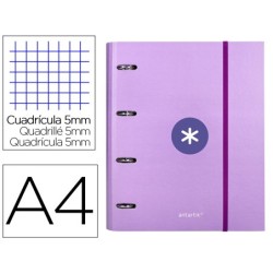 CARPETA CON RECAMBIO Y SOLAPA LIDERPAPEL ANTARTIK A4 CUADRO 5MM FORRADA 4 ANILLAS REDONDAS 40MM COLOR LAVANDA