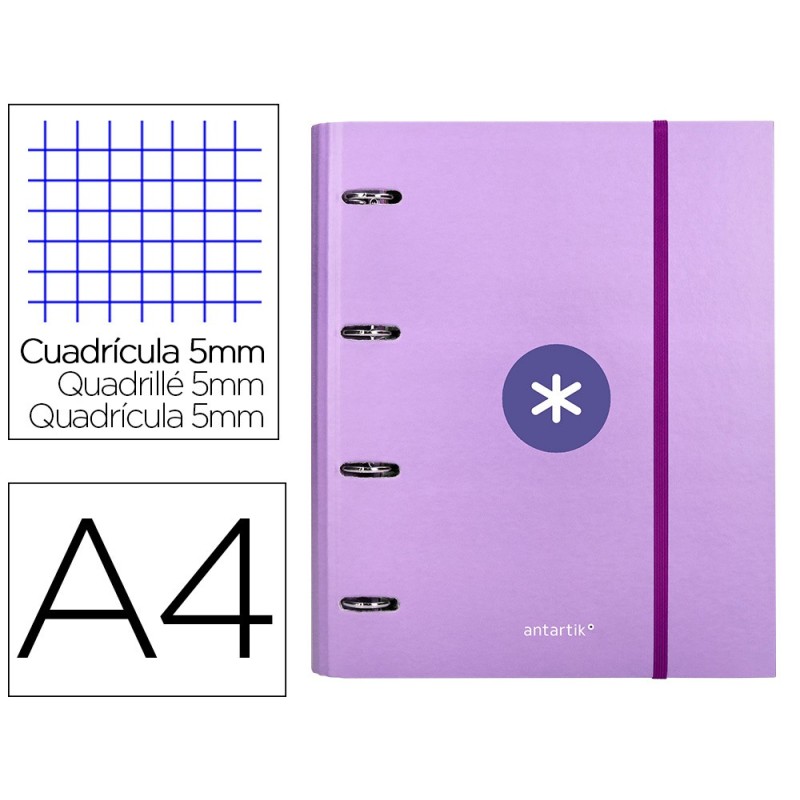 CARPETA CON RECAMBIO Y SOLAPA LIDERPAPEL ANTARTIK A4 CUADRO 5MM FORRADA 4 ANILLAS REDONDAS 40MM COLOR LAVANDA