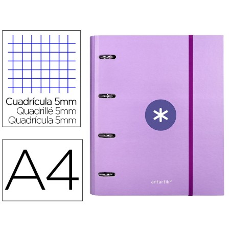 CARPETA CON RECAMBIO Y SOLAPA LIDERPAPEL ANTARTIK A4 CUADRO 5MM FORRADA 4 ANILLAS REDONDAS 40MM COLOR LAVANDA