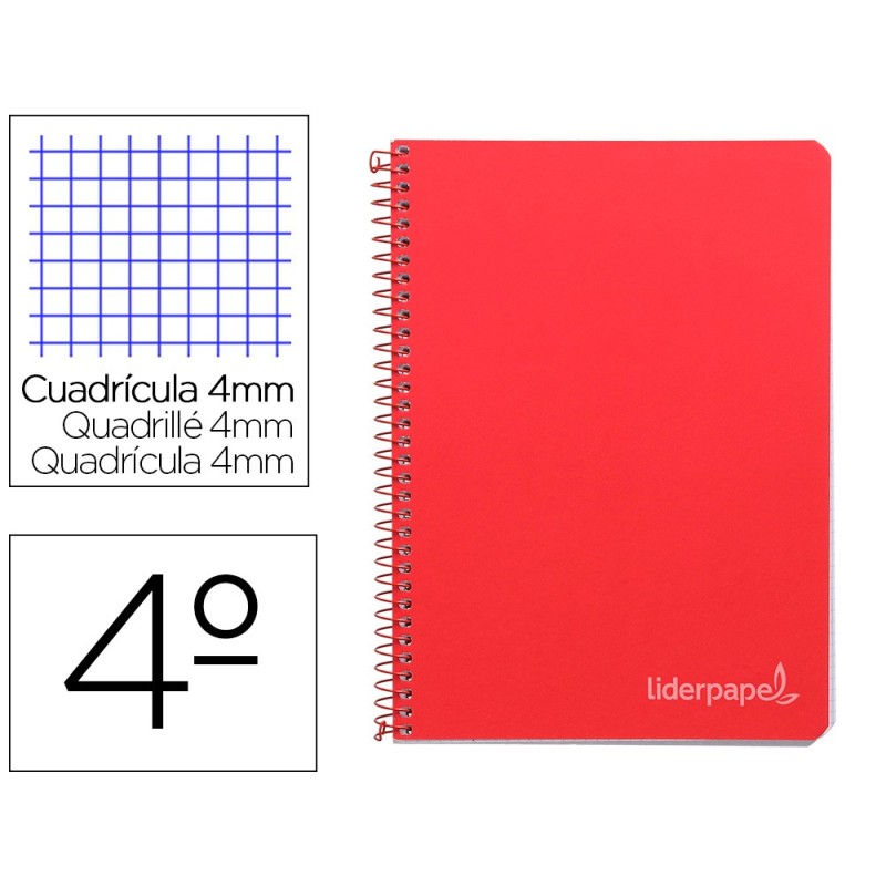 CUADERNO ESPIRAL LIDERPAPEL CUARTO WITTY TAPA DURA 80H 75GR CUADRO 4MM CON MARGEN COLOR ROJO