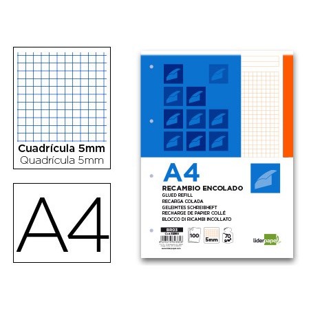 BLOC ENCOLADO LIDERPAPEL CUADRO 5MM NARANJA A4 NATURAL 100 HOJAS 70 G/M2