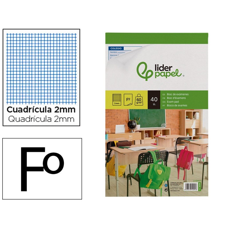 BLOC EXAMENES LIDERPAPEL CUADRO 2MM FOLIO 40 HOJAS 60G/M2