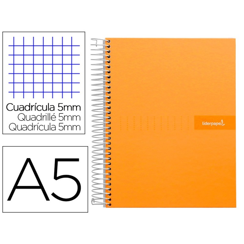 CUADERNO ESPIRAL LIDERPAPEL A5 MICRO CRAFTY TAPA FORRADA 120H 90 GR CUADRO 5MM 5 BANDAS6 TALADROS COLOR NARANJA