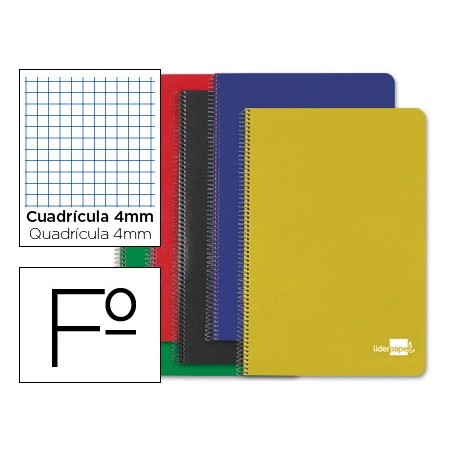 CUADERNO ESPIRAL LIDERPAPEL FOLIO TAPA DURA 80H 60 GR CUADRO 4MM CON MARGEN COLORES SURTIDOS