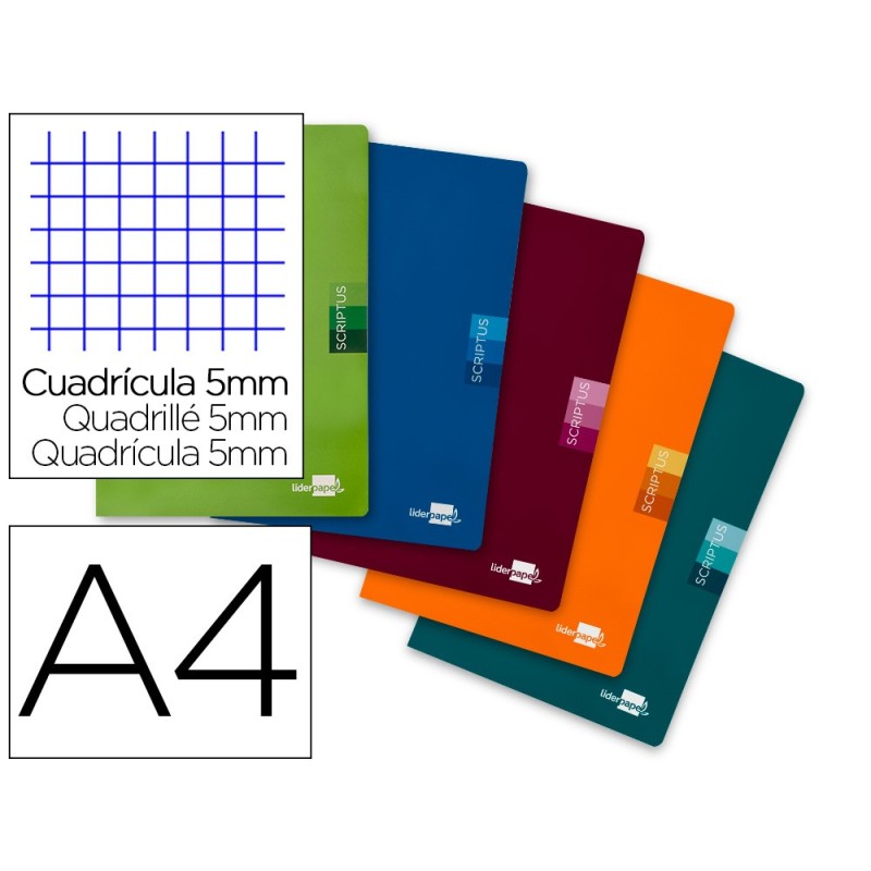 LIBRETA LIDERPAPEL SCRIPTUS A4 48 HOJAS 90G/M2 CUADRO 5MM CON MARGEN COLORES SURTIDOS (PACK INDIVISIBLE 5 UDS)