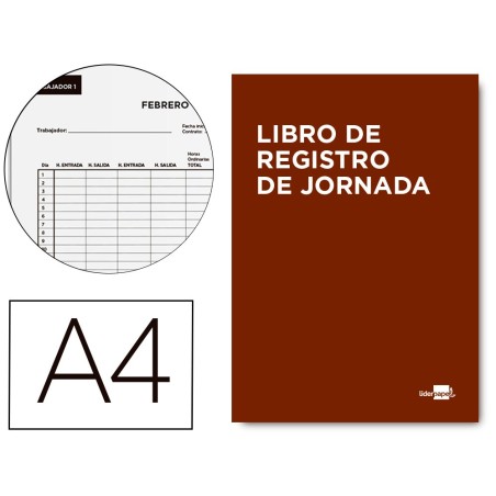 LIBRO LIDERPAPEL REGISTRO DE JORNADA EMPLEADOS 2021 DIN A4 10 EMPLEADOS MES PAGINA PAPEL BLANCO 90 GR