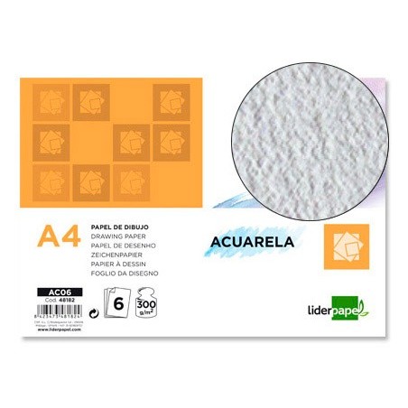 PAPEL DIBUJO LIDERPAPEL 210X297MM 300G/M2 ACUARELA PACK DE 6