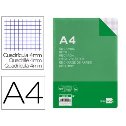 RECAMBIO LIDERPAPEL FOLIO 100 HOJAS 60G/M2CUADRO 4MM CON MARGEN SIN TALADROS