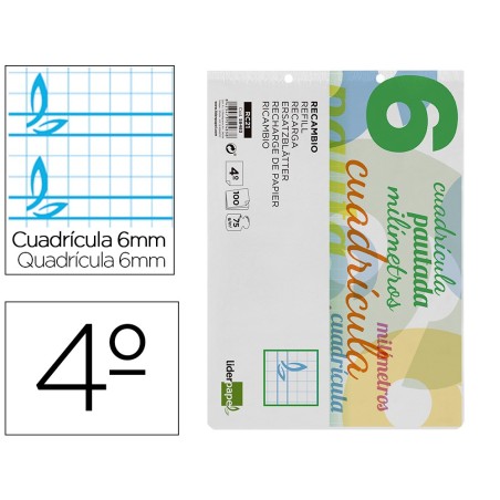 RECAMBIO LIDERPAPEL CUARTO PAUTAGUIA 100 HOJAS 75 G CUADRICULADO PAUTADO 6 MM CON MARGEN 2 TALADROS APAISADO