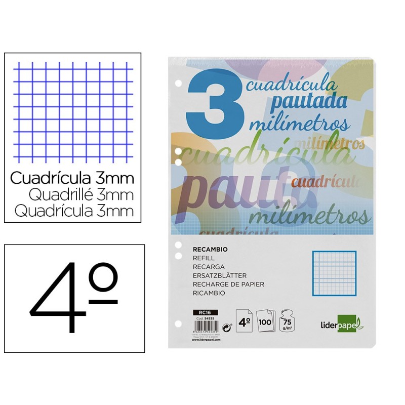 RECAMBIO LIDERPAPEL CUARTO PAUTAGUIA 100 HOJAS 75 G CUADRICULADO PAUTADO 3 MM CON MARGEN 6 TALADROS