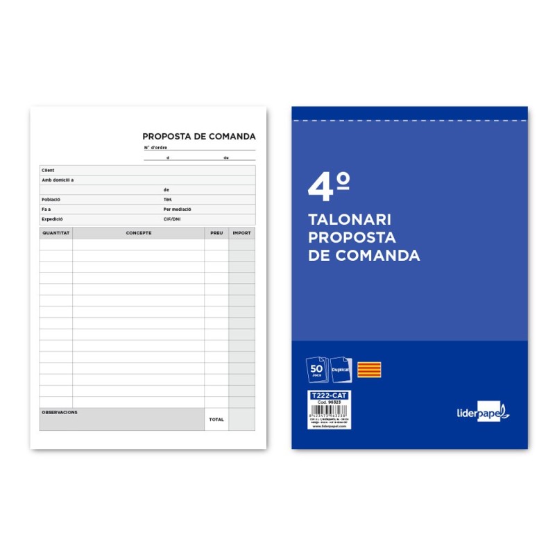 TALONARIO LIDERPAPEL PEDIDOS CUARTO ORIGINAL Y COPIA T222 TEXTO EN CATALAN