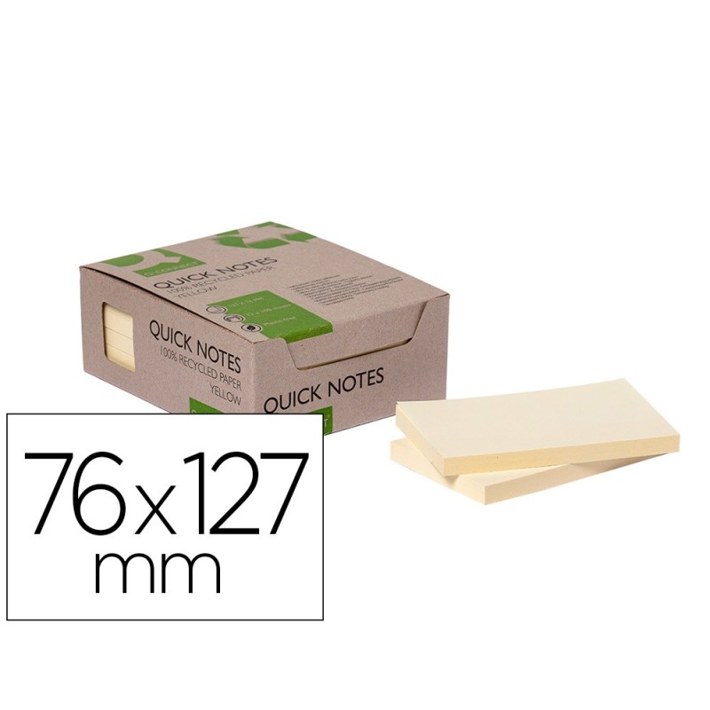 BLOC DE NOTAS ADHESIVAS QUITA Y PON Q-CONNECT 76X127 MM 100% PAPEL RECICLADO AMARILLO EN CAJA DE CARTON