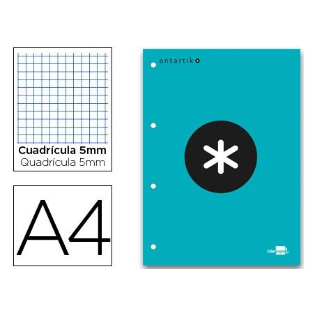 BLOC ENCOLADO LIDERPAPEL ANTARTIK CUADRO 5 MM A4 NATURAL 80 H 100 GR COLOR TURQUESA