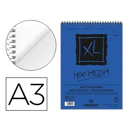 BLOC DIBUJO ACUARELA CANSON XL MIX MEDIA GRANO MEDIO DIN A3 MICROPERFORADO ESPIRAL 29,7X42CM 30 HOJAS 300 GR