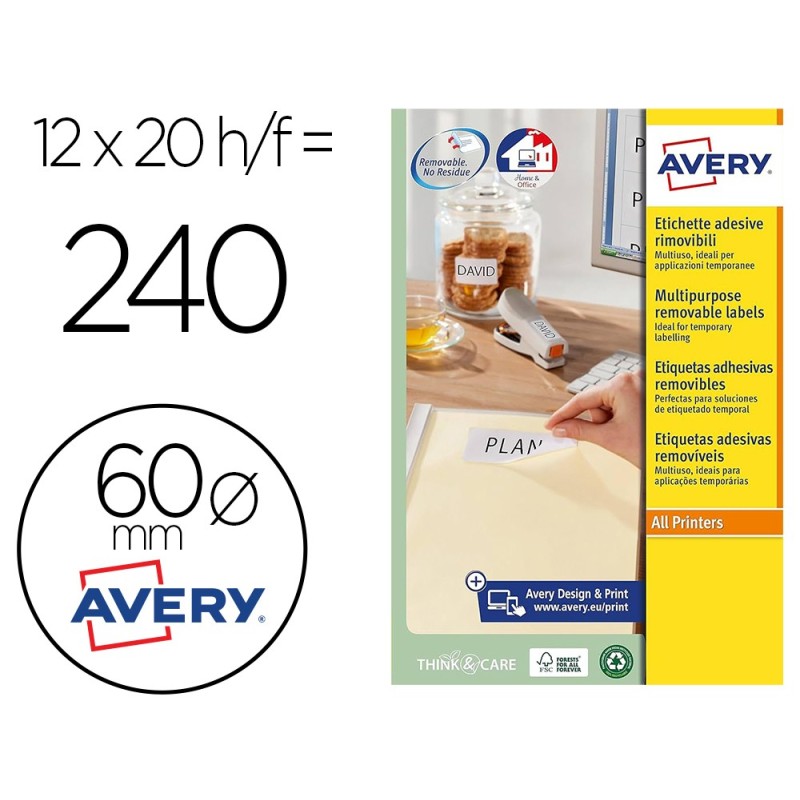 ETIQUETA ADHESIVA AVERY BLANCA REDONDA REMOVIBLE PARA IMPRESORA LASER INYECCION TINTA FOTOCOPIADORA 37 MM