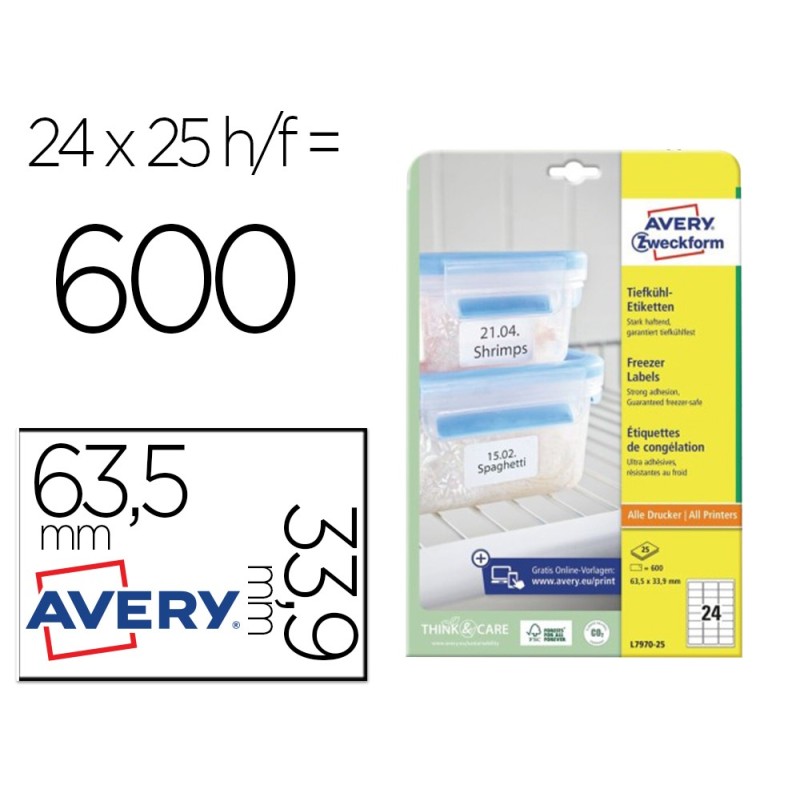ETIQUETA ADHESIVA AVERY PARA CONGELADOR BLANCA 63,5X33,9 MM INK-JET LASER Y FOTOCOPIADORA PACK DE 600