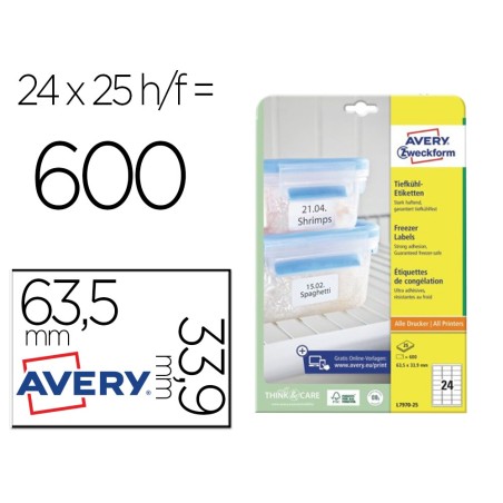 ETIQUETA ADHESIVA AVERY PARA CONGELADOR BLANCA 63,5X33,9 MM INK-JET LASER Y FOTOCOPIADORA PACK DE 600