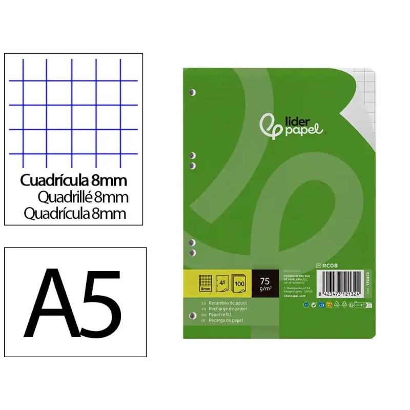 RECAMBIO LIDERPAPEL DIN A5 100 HOJAS 75 GR CUADRO 8MM CON MARGEN 6 TALADROS