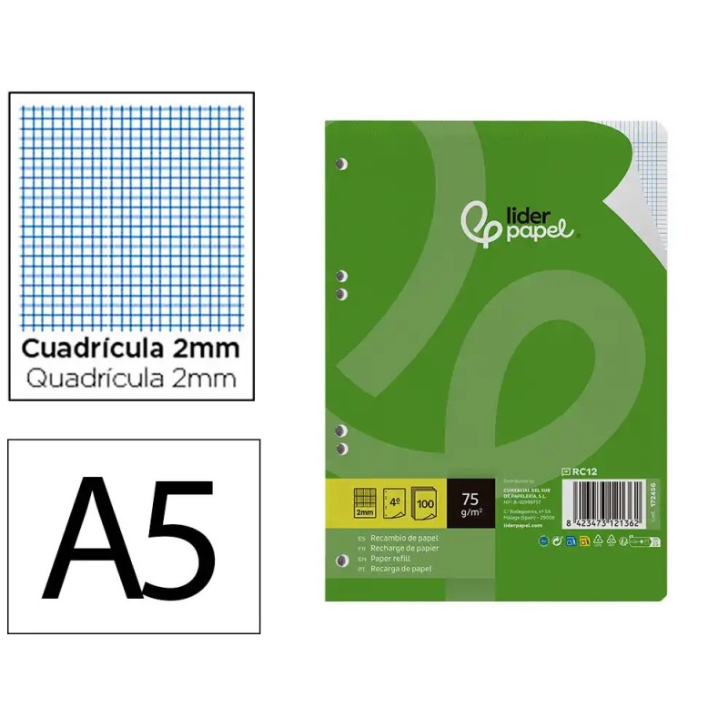 RECAMBIO LIDERPAPEL DIN A5 100 HOJAS 75 GR MILIMETRADO SIN MARGEN 6 TALADROS