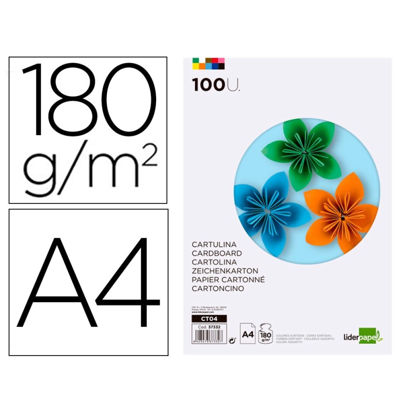 CARTULINA LIDERPAPEL A4 180G/M2 10 COLORES SURTIDOS PAQUETE DE 100 HOJAS