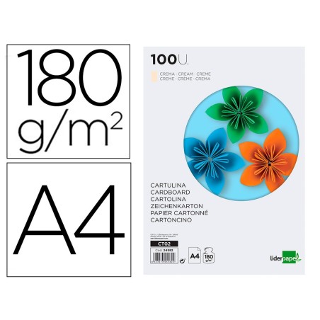 CARTULINA LIDERPAPEL A4 180G/M2 CREMA PAQUETE DE 100 HOJAS