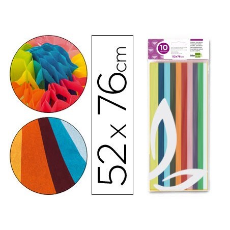 PAPEL SEDA LIDERPAPEL 52X76CM 18G/M2 BOLSA DE 10 HOJAS COLORES SURTIDOS