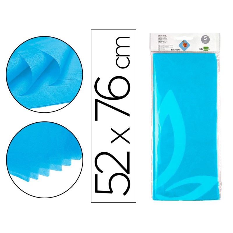 PAPEL SEDA LIDERPAPEL 52X76CM 18G/M2 BOLSA DE 5 HOJAS CELESTE