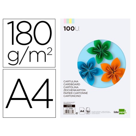CARTULINA LIDERPAPEL A4 180G/M2 4 COLORES SURTIDOS PAQUETE DE 100 HOJAS