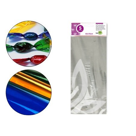 PAPEL CELOFAN LIDERPAPEL 50X70 CM 22G/M2 BOLSA DE 5 HOJAS TRANSPARENTE