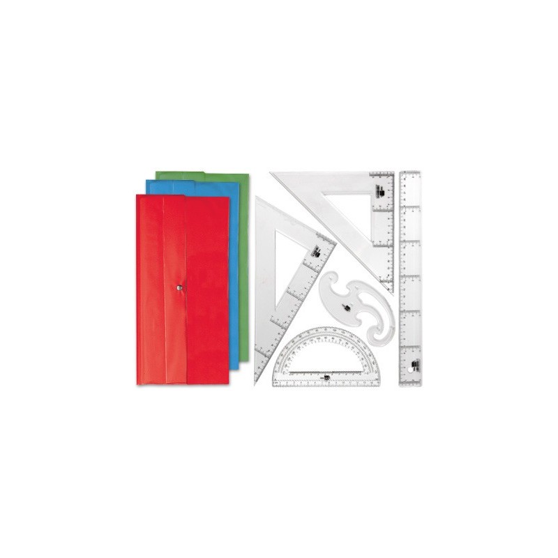 JUEGO ESCUADRA Y CARTABON 25CM REGLA 30CM SEMICIRCULO 15CM Y PLANTILLA DE CURVAS LIDERPAPELEN PETACA OPACA COLOR VERDE