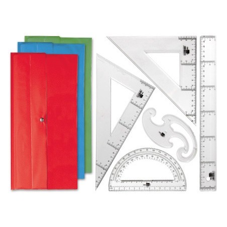 JUEGO ESCUADRA Y CARTABON 25CM REGLA 30CM SEMICIRCULO 15CM Y PLANTILLA DE CURVAS LIDERPAPELEN PETACA OPACA COLOR VERDE