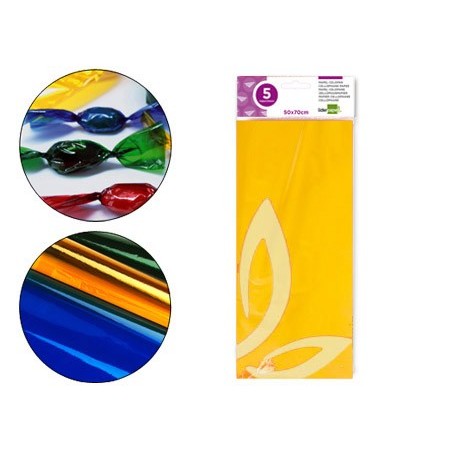 PAPEL CELOFAN LIDERPAPEL 50X70 CM 22G/M2 BOLSA DE 5 HOJAS AMARILLO