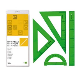 JUEGO ESCUADRA CARTABON REGLA 30 CMS Y SEMICIRCULO EN PETACALIDERPAPEL VERDE