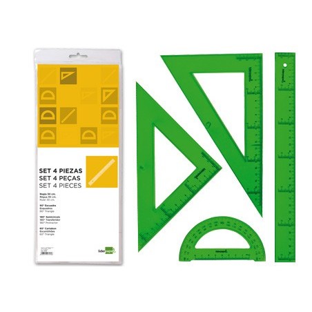 JUEGO ESCUADRA CARTABON REGLA 30 CMS Y SEMICIRCULO EN PETACALIDERPAPEL VERDE