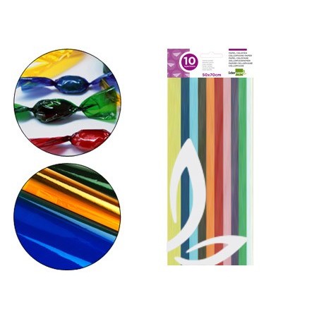 PAPEL CELOFAN LIDERPAPEL 50X70 CM 22G/M2 BOLSA DE 10 HOJAS COLORES SURTIDOS