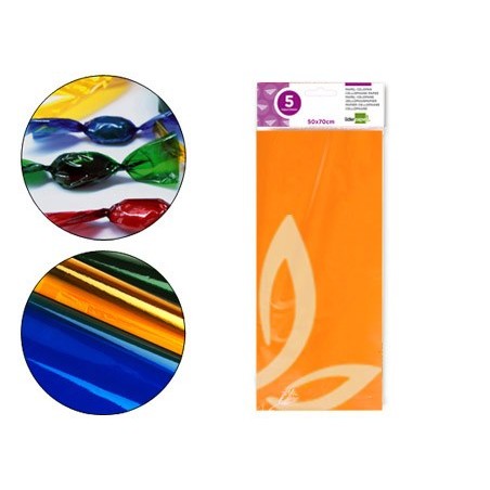 PAPEL CELOFAN LIDERPAPEL 50X70 CM 22G/M2 BOLSA DE 5 HOJAS NARANJA
