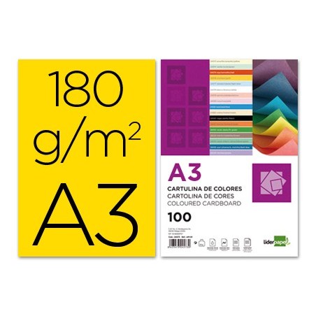 CARTULINA LIDERPAPEL A3 180G/M2 AMARILLO PAQUETE DE 100 HOJAS