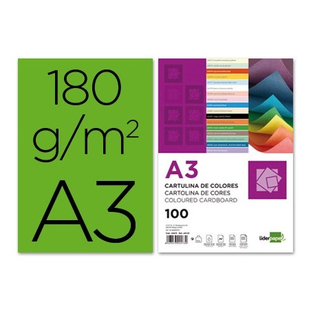 CARTULINA LIDERPAPEL A3 180G/M2 VERDE PAQUETE DE 100 HOJAS