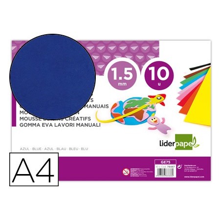 GOMA EVA LIDERPAPEL DIN A4 60G/M2 ESPESOR 1,5MM AZUL PAQUETE DE 10 HOJAS