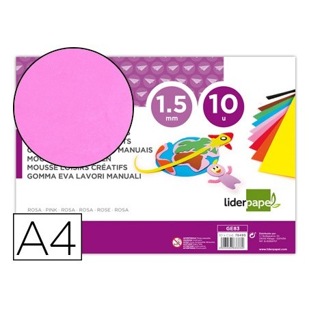 GOMA EVA LIDERPAPEL DIN A4 60G/M2 ESPESOR 1,5MM ROSA PAQUETE DE 10 HOJAS