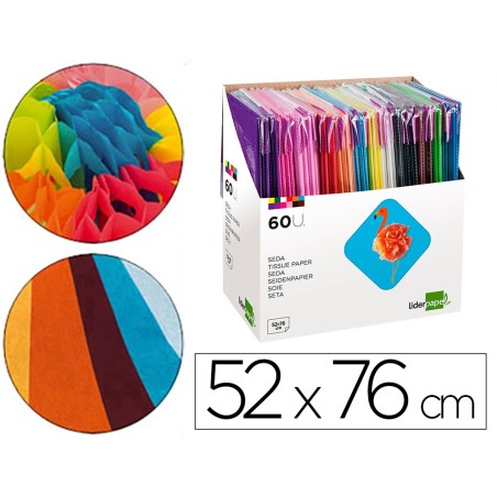 PAPEL SEDA LIDERPAPEL 52X76 CM EXPOSITOR 60 BOLSAS DE 5 HOJAS12 COLORES SURTIDOS