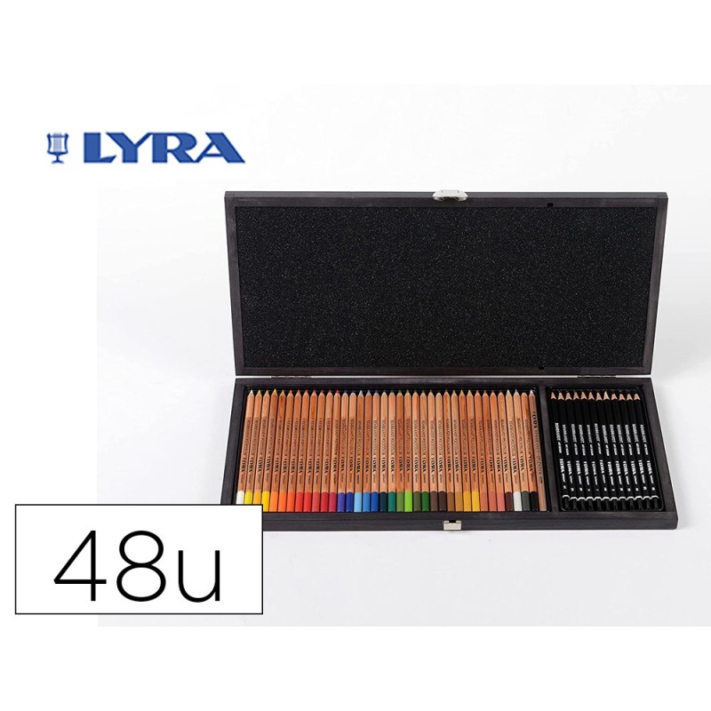 LAPICES DE COLORES LYRA REMBRANDT POLYCOLOR 36 OLORES SURTIDOS + 12 LAPICES DE GRAFITO EN MALETIN DE MADERA