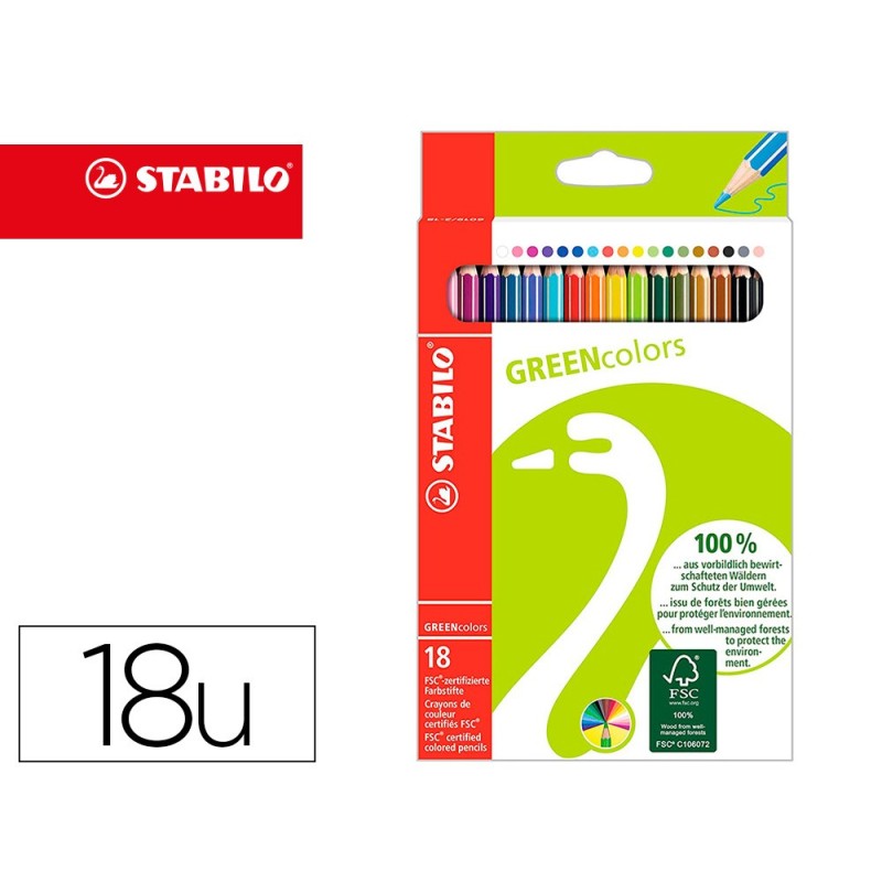 LAPICES DE COLORES STABILO GREEN COLORS CON CERTIFICADO FSC ESTUCHE CARTON DE 18 UNIDADES COLORES SURTIDOS