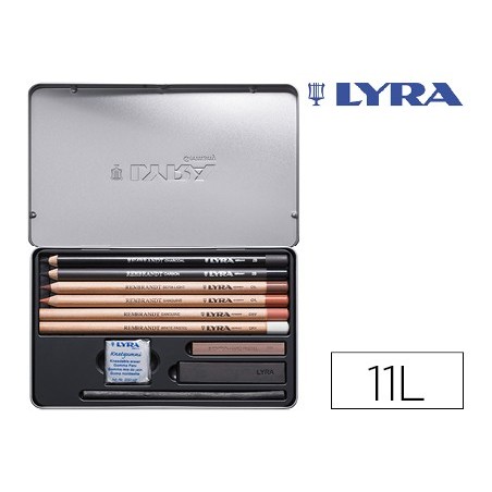 LAPICES LYRA REMBRANDT MONOCROMO CON ACCESORIOS PARA ESBOZOS CAJA METALICA DE 11 UNIDADES
