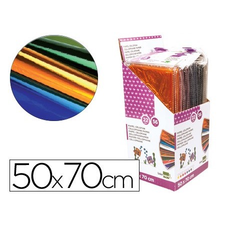 PAPEL CELOFAN LIDERPAPEL 50X70 EXPOSITOR 56 BOLSAS DE 5 HOJAS 8 COLORES SURTIDOS