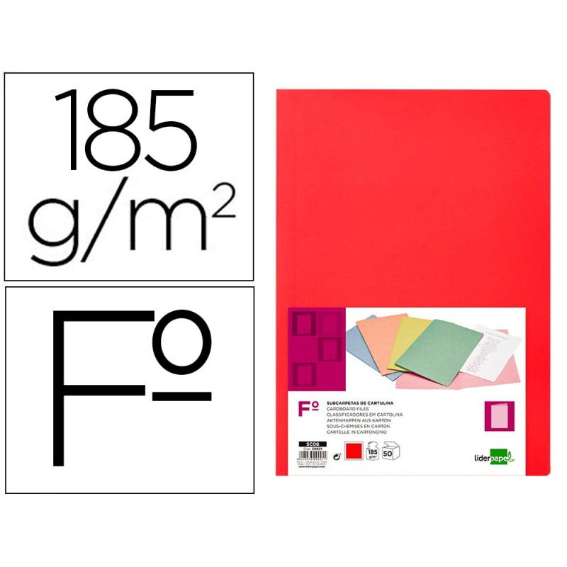 SUBCARPETA LIDERPAPEL FOLIO ROJO INTENSO 180G/M2 (PACK INDIVISIBLE 50 UDS)