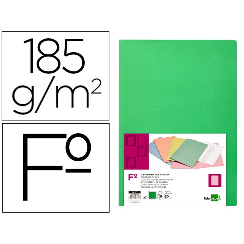 SUBCARPETA LIDERPAPEL FOLIO VERDE INTENSO 180G/M2 (PACK INDIVISIBLE 50 UDS)