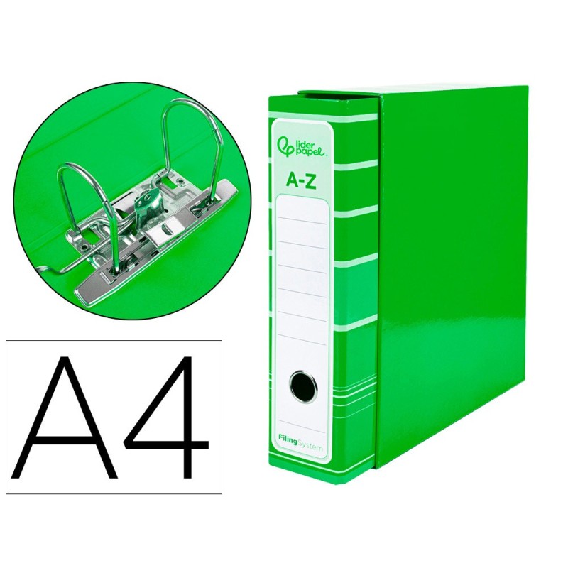 ARCHIVADOR DE PALANCA LIDERPAPEL A4 FILING SYSTEM FORRADO SIN RADO LOMO 80MM VERDECON CAJA Y COMPRESOR METALICO