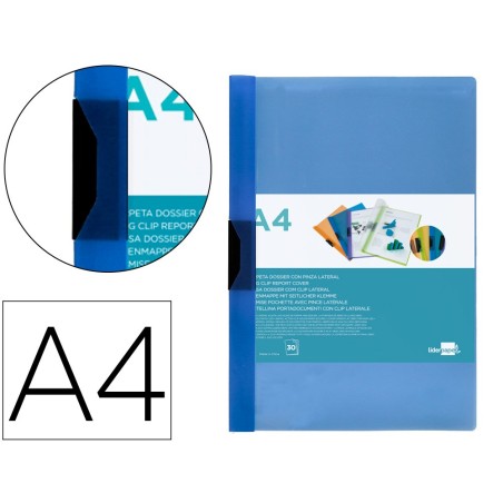CARPETA LIDERPAPEL DOSSIER PINZA LATERAL 45302 POLIPROPILENO DIN A4 AZUL 30 HOJAS PINZA DESLIZANTE