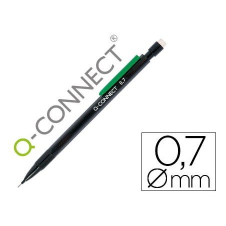 PORTAMINAS Q-CONNECT 0,7 MM CON 3 MINAS CUERPO NEGRO CON CLIP VERDE